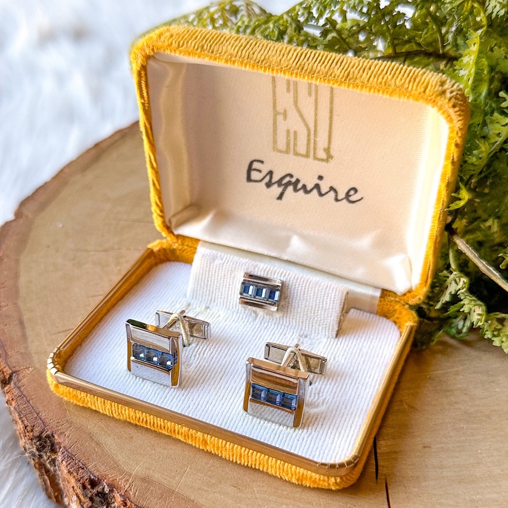 Vintage Esquire ESQ Silver Cufflinks & Tie Tack Set Blue Rhinestone Square Box